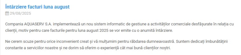 Aquaserv - Întârziere facturi luna august